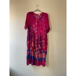 Vintage‎ womens pink floral button up midi dress